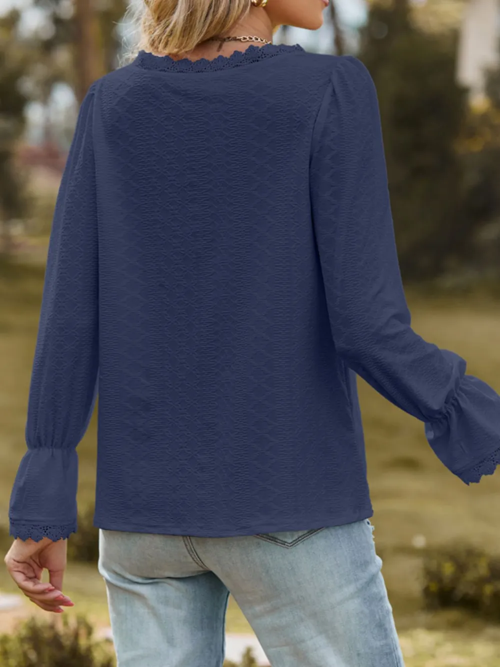 Lace Trim V-Neck Blouse with Flounce Sleeves, image 16