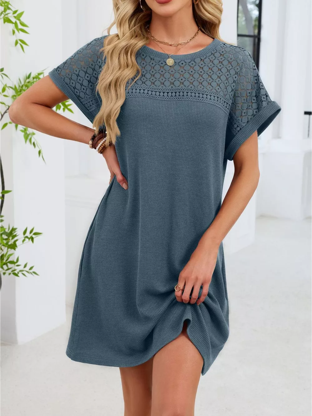 Lace Round Neck Short Sleeve T-Shirt Dress, image 22