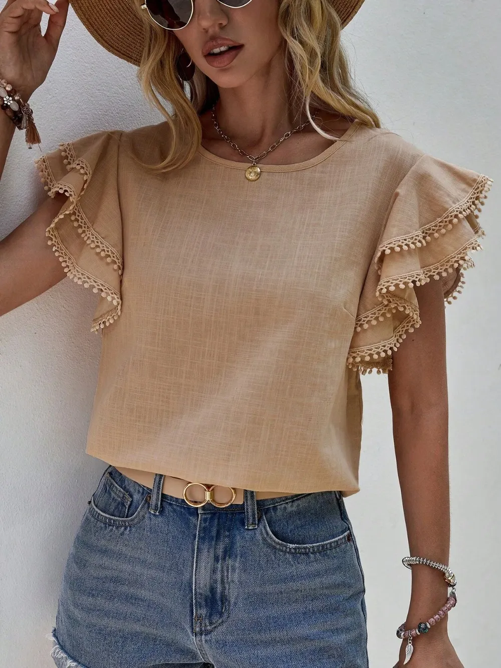 Ruffled Cap Sleeve Round Neck Blouse, image 10