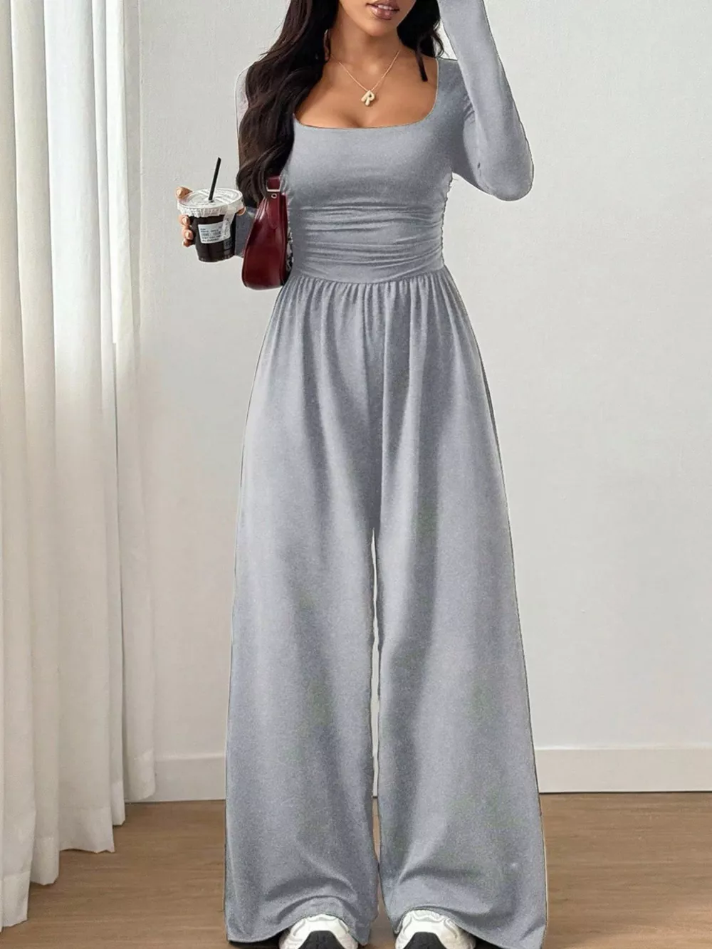 Ruched Square Neck Wide-Leg Jumpsuit, image 4