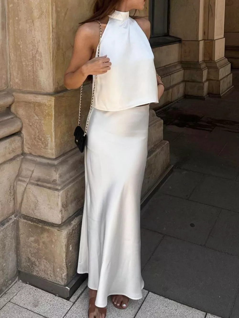 Satin Halter Neck Top and Maxi Skirt Two-Piece Set