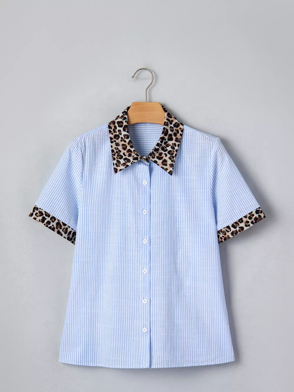 Stripe Leopard Contrast Collar Short Sleeve Shirt, image 5