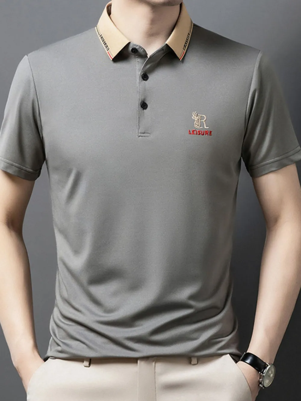 Men's Plus Size Contrast Collar Embroidered Polo Shirt, image 2