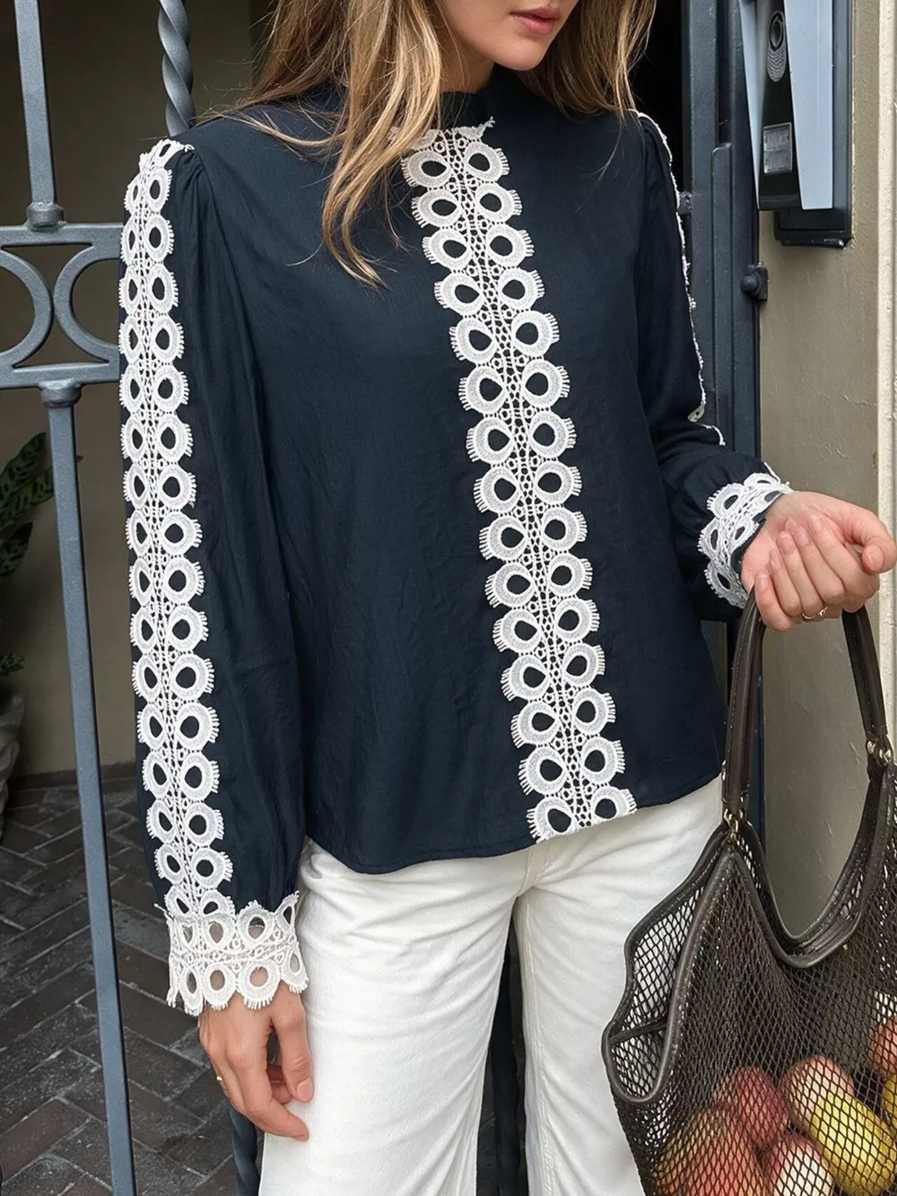 Lace Trim Long Sleeves Blouse, image 3