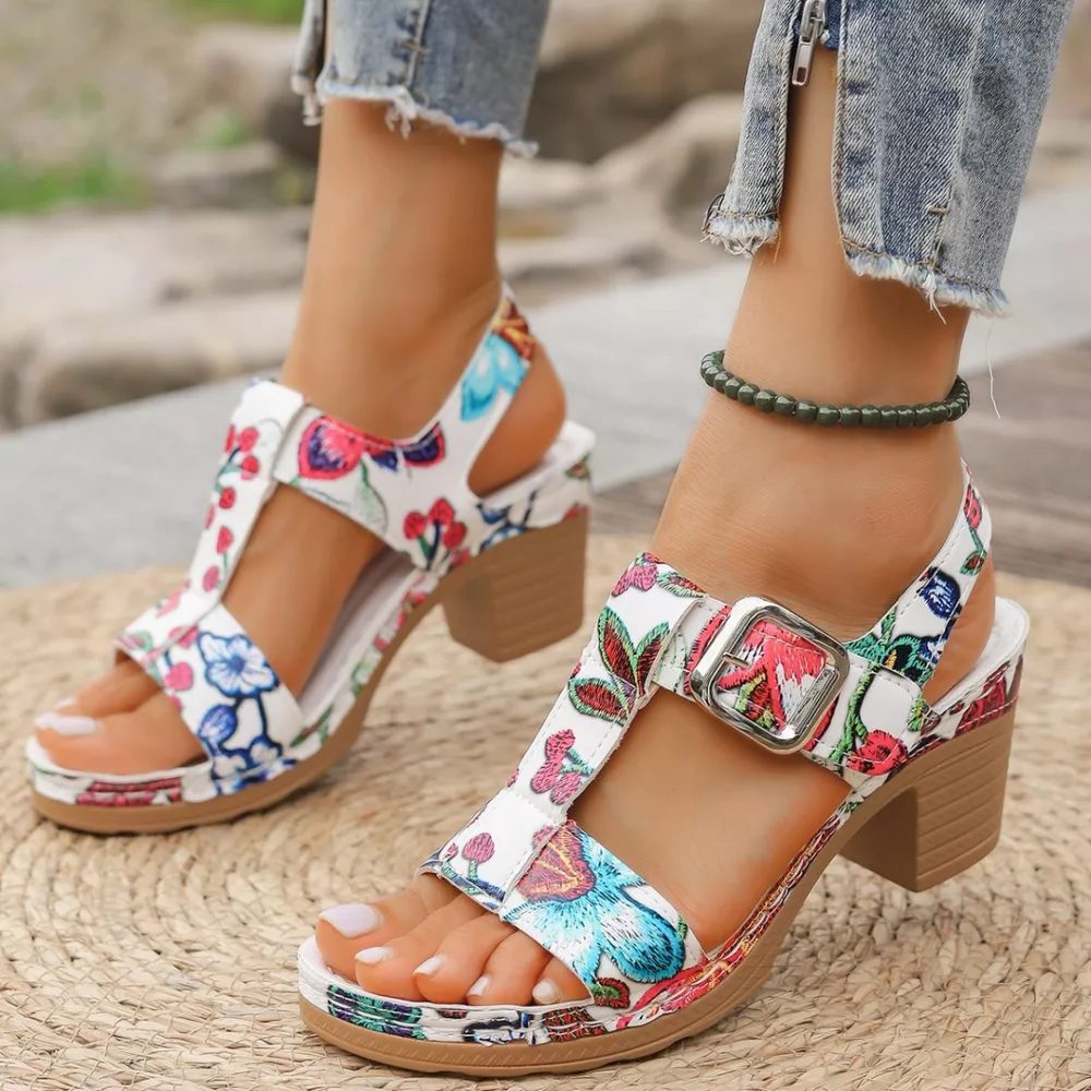 Floral Print Buckle Ankle Strap Block Heel Sandals, image 5