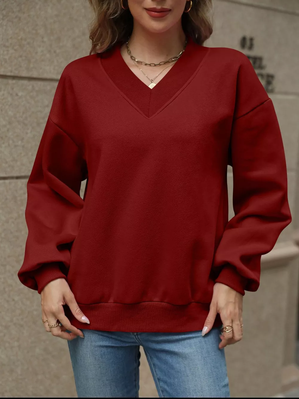 V-Neck Solid Color Casual Sweatshirt, image 25
