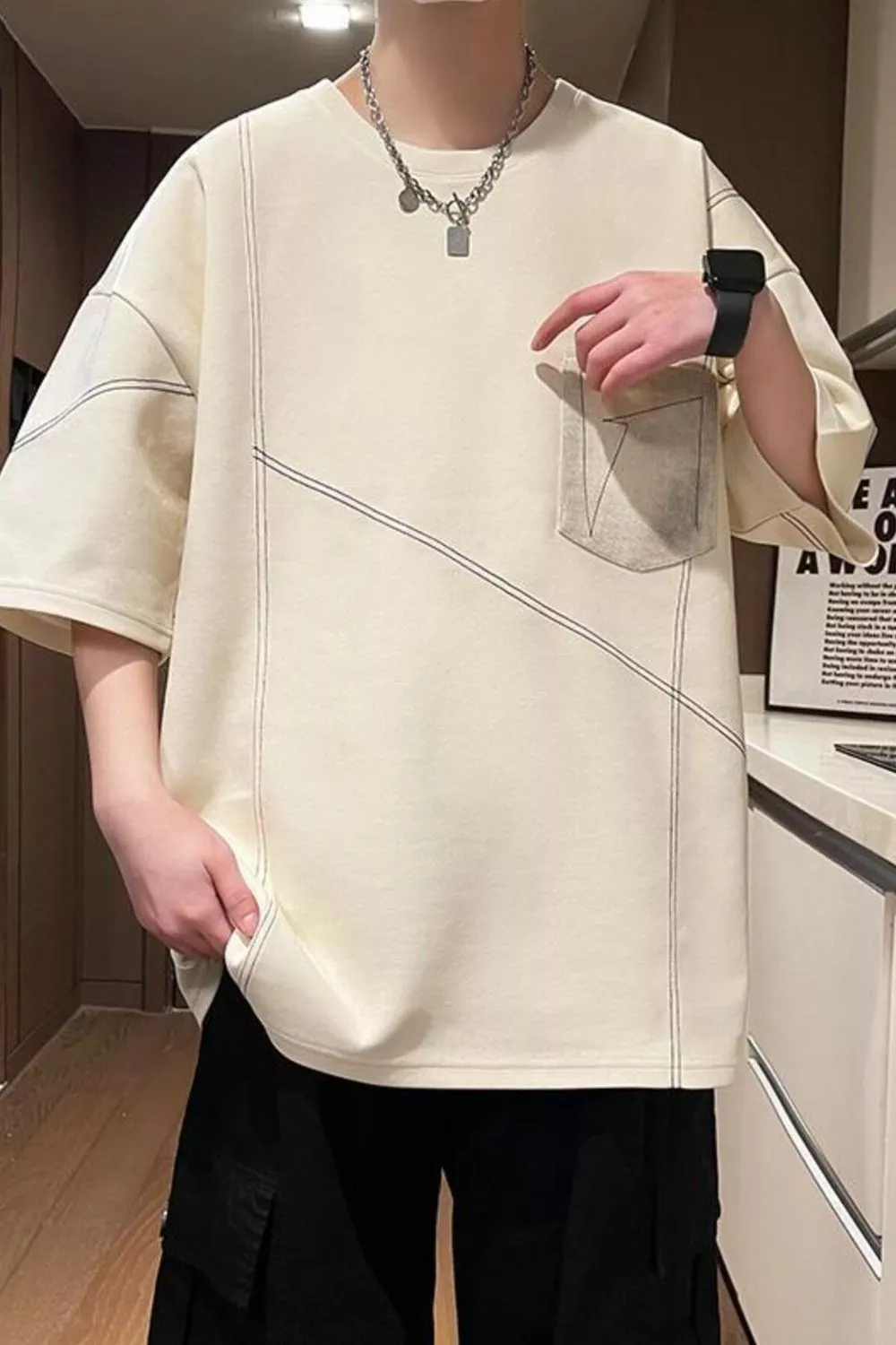 Men's Plus Size Contrast Stitching Oversized Round Neck T-Shirt, image 5
