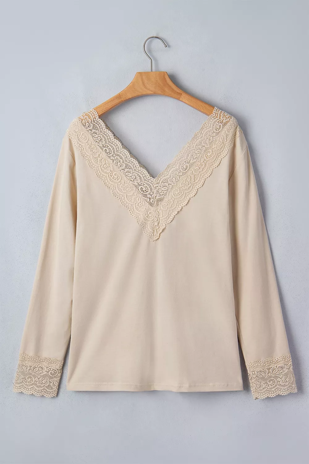 Lace Trim V Neck Long Sleeve Patchwork Pullover Top, image 6