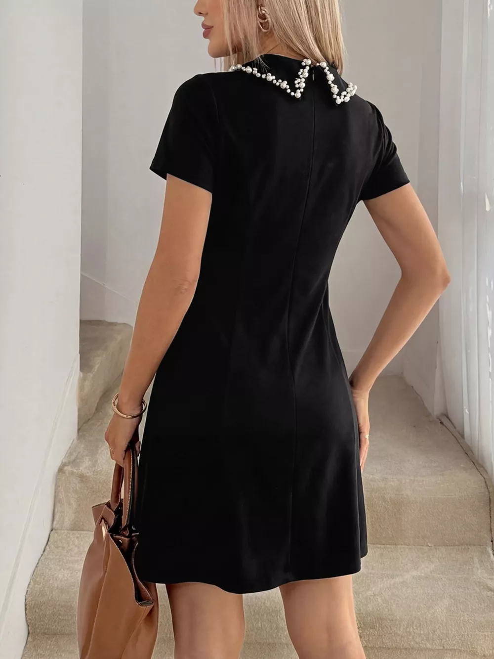 Bead Collar Short Sleeve Mini Dress, image 5