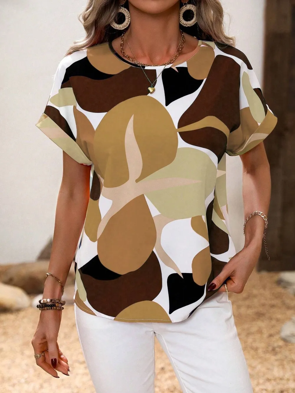 Contrast Round Neck Short Sleeve Blouse, image 6