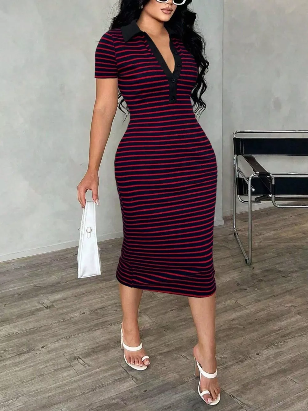 Striped Polo Collar Midi Dress, image 9