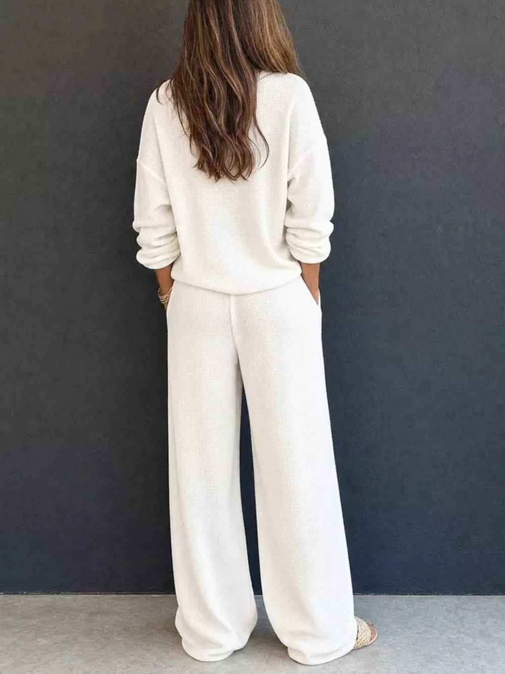 Waffle Knit Button Detail Top and Pants Set, image 3
