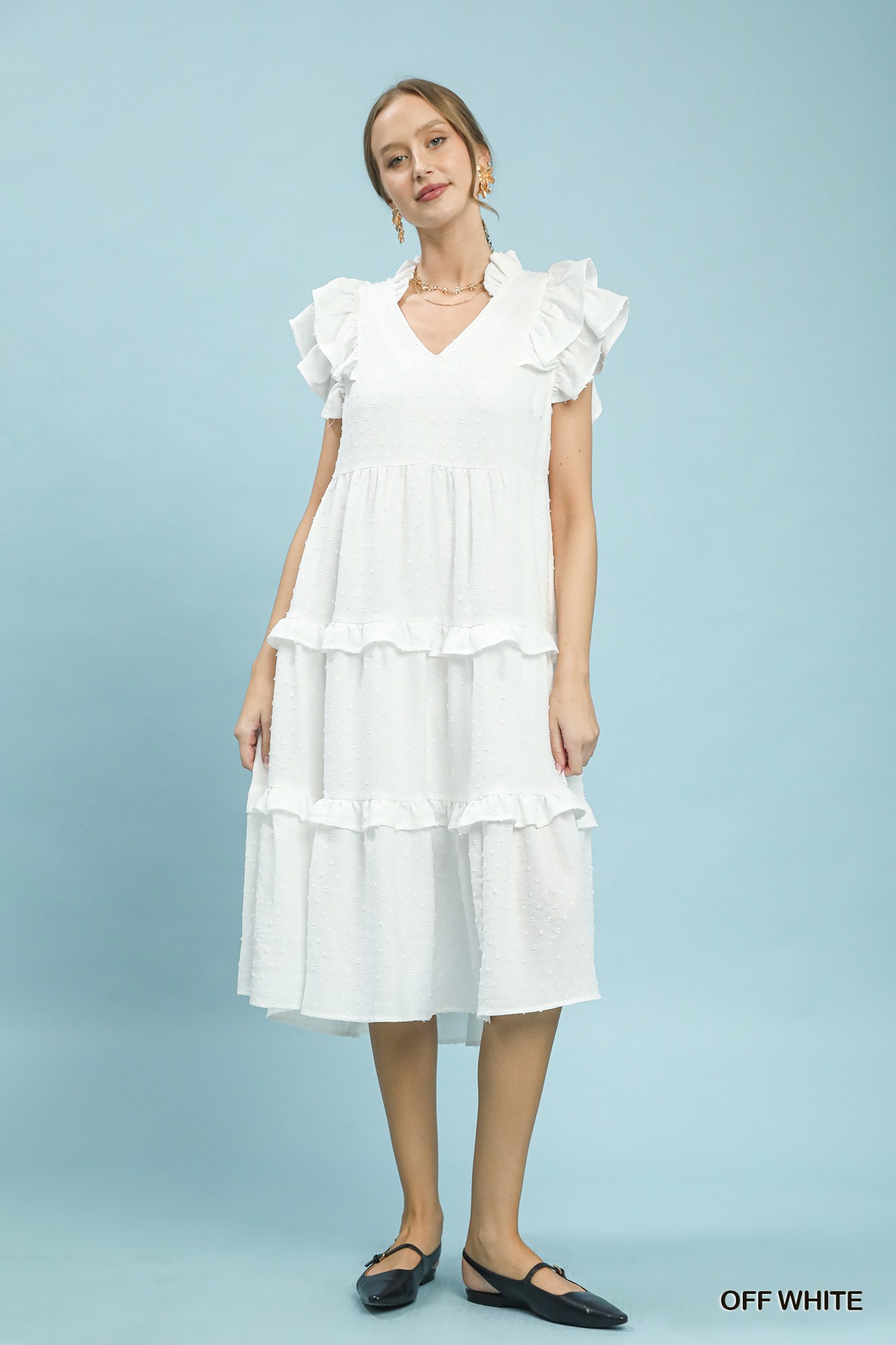 Textured Ruffle Sleeve Tiered Midi Dress, image 5