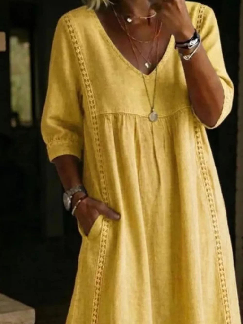 Full Size V-Neck 3/4 Sleeve Midi Dress Plus Size, image 14