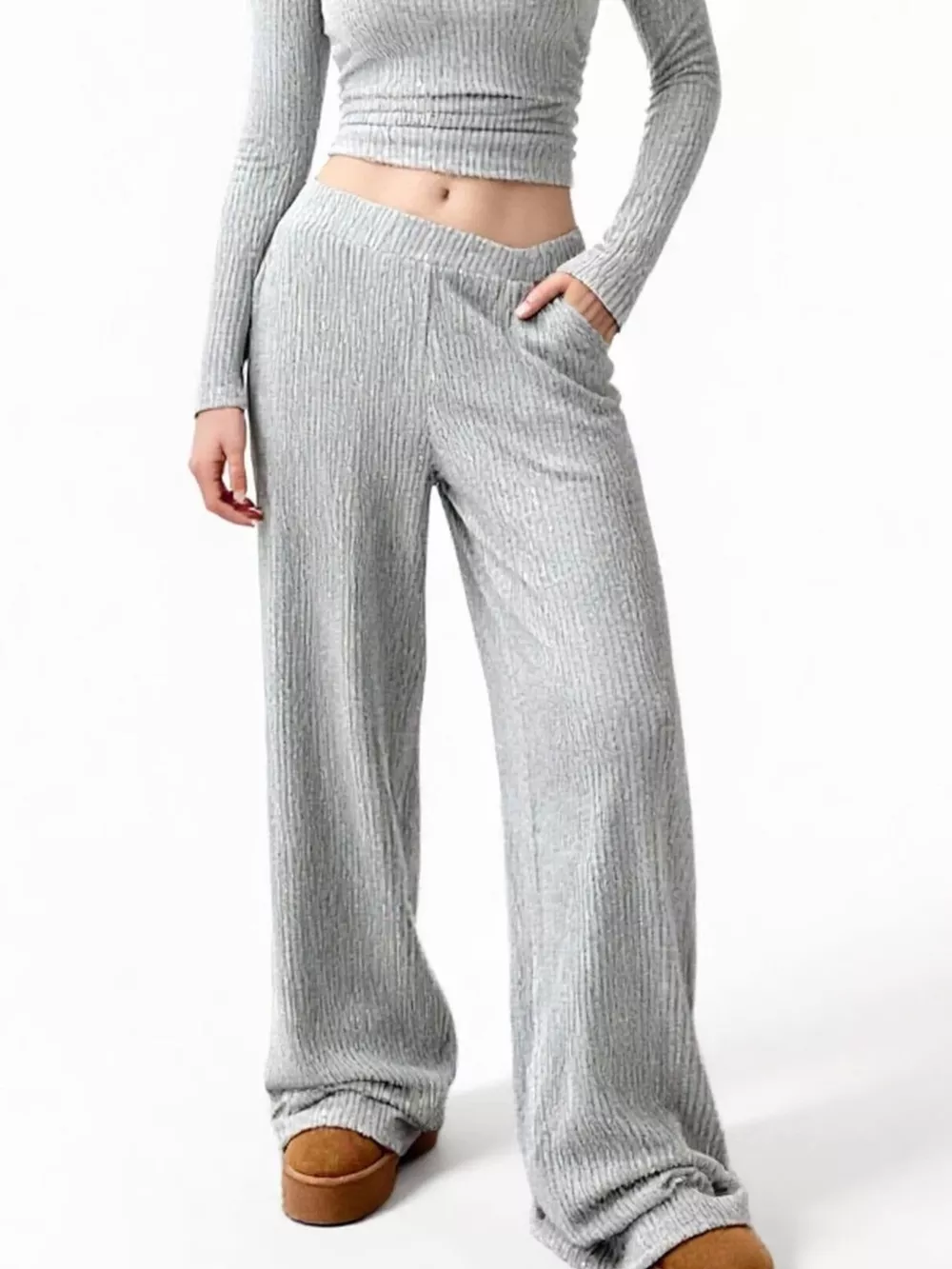 Round Neck Long Sleeve Top and Pants Set, image 3