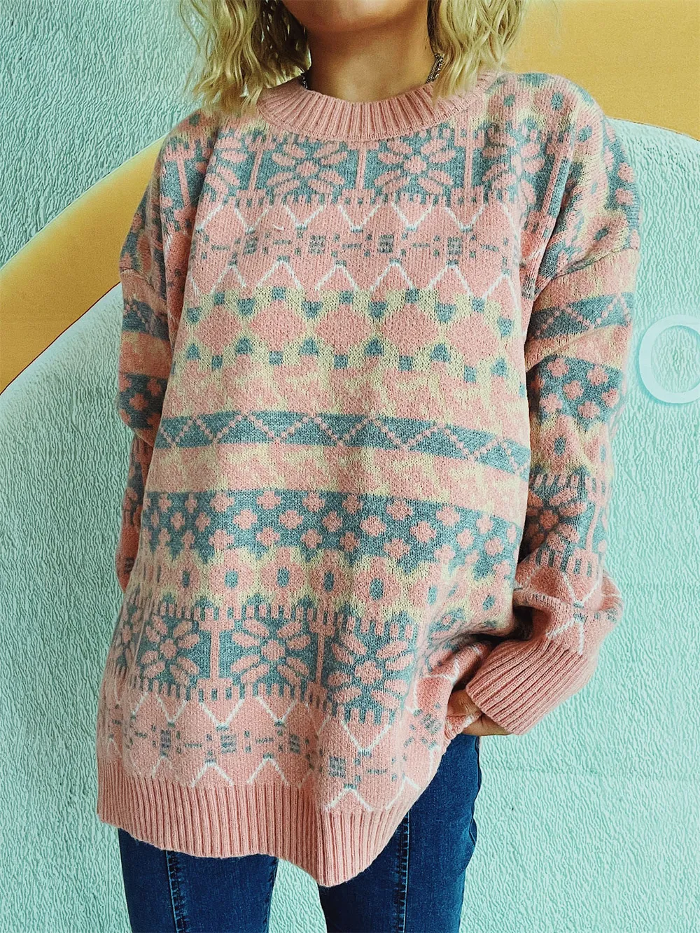 Geometric Round Neck Dropped Shoulder Sweater, image 12