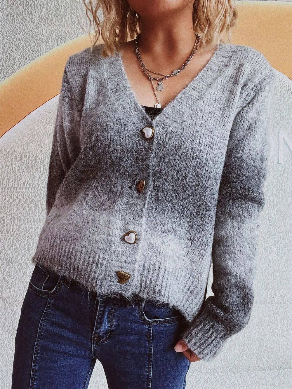 Gradient Heart Shape Button V-Neck Cardigan, image 15