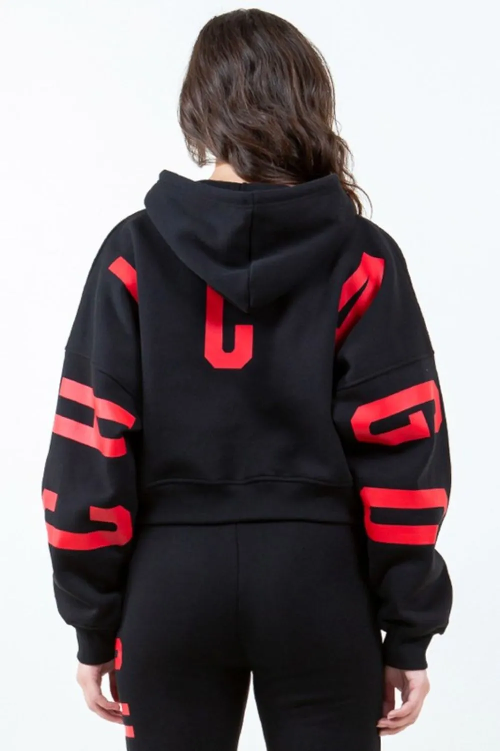 Letter Graphic Long Sleeve Drawstring Cropped Hoodie