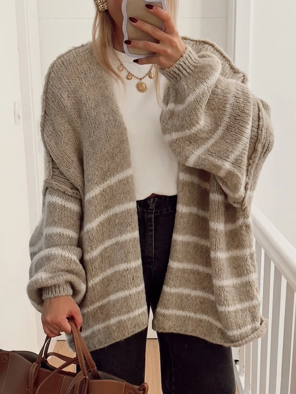 Striped Open Front Dropped Shoulder Cardigan, image 9