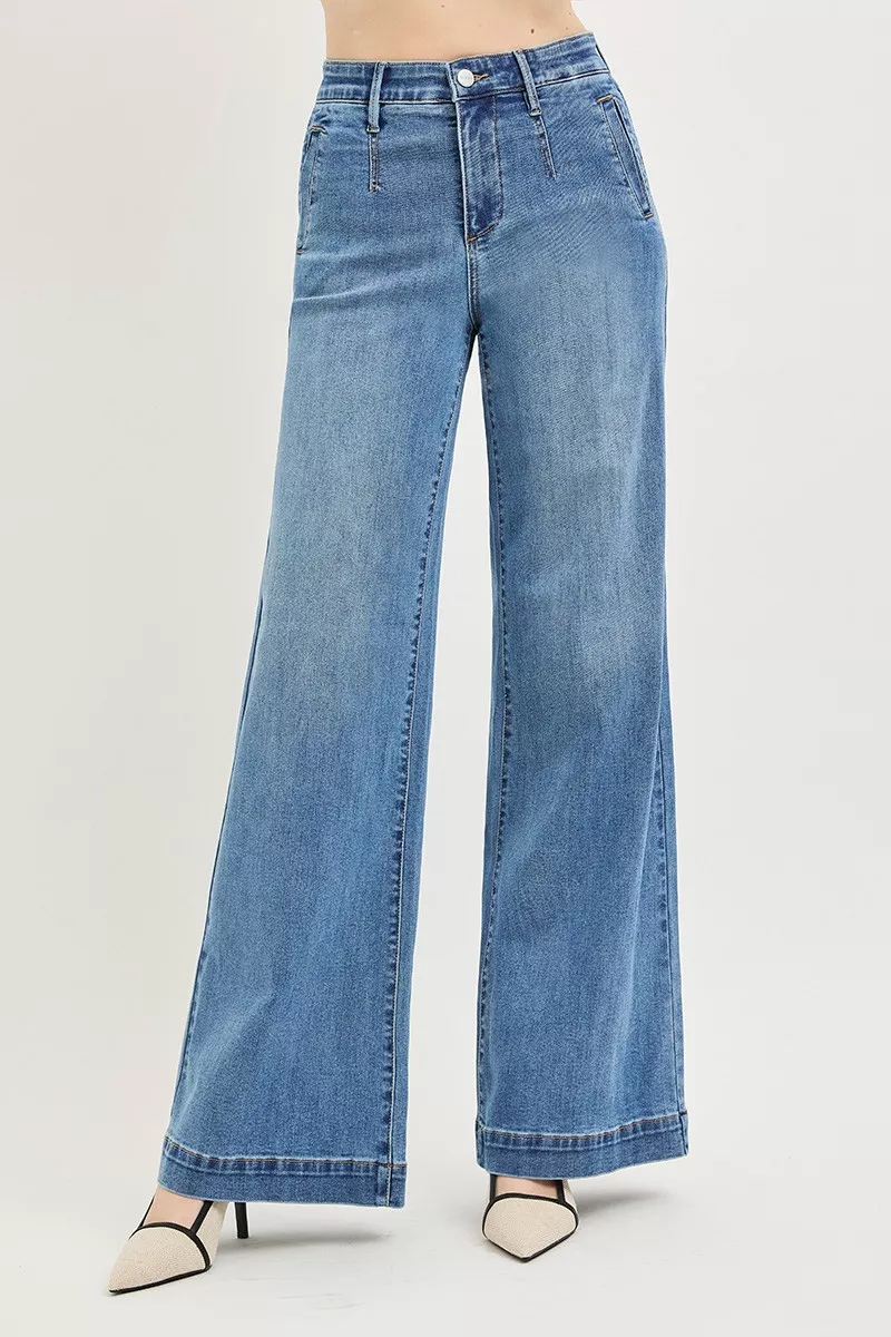 Tummy Control Elastic Band High Rise Wide Jeans