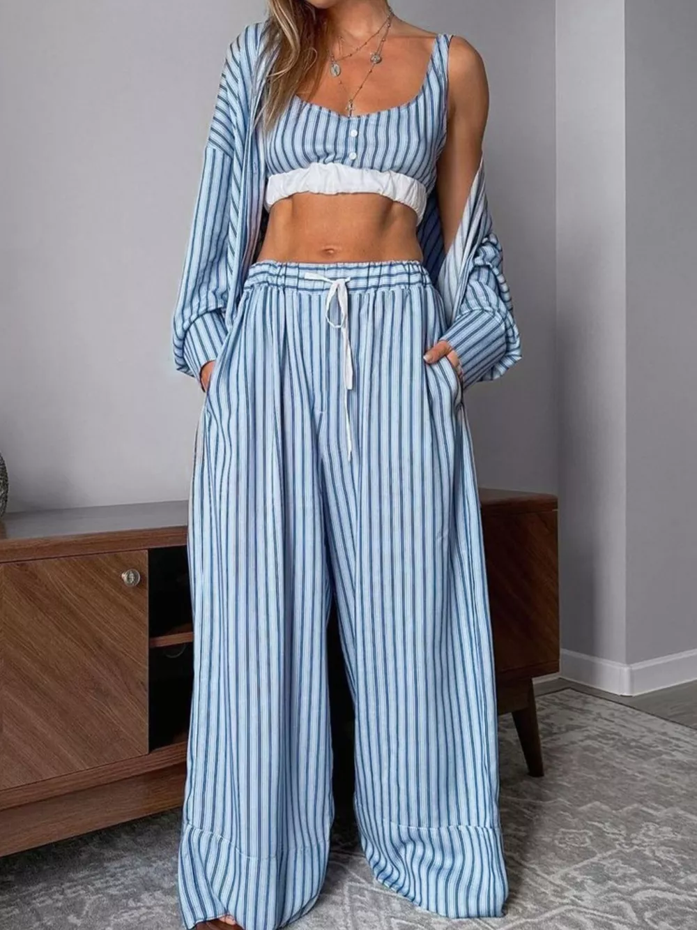 Striped Cami & Shirt and Pants Lounge Set, image 2