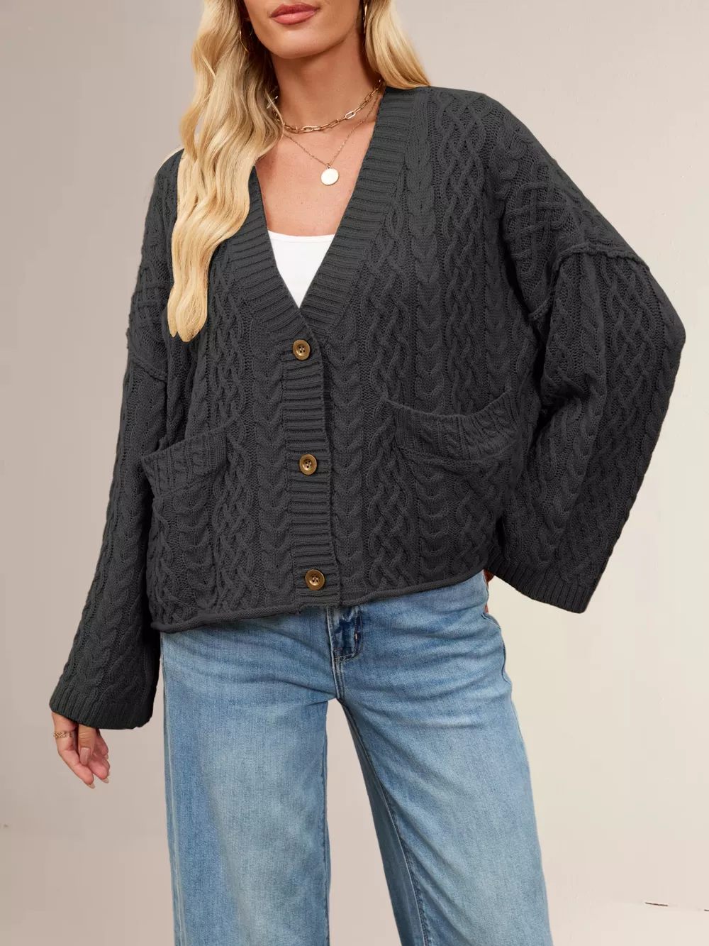 Cable Knit Button-Down Cardigan, image 5