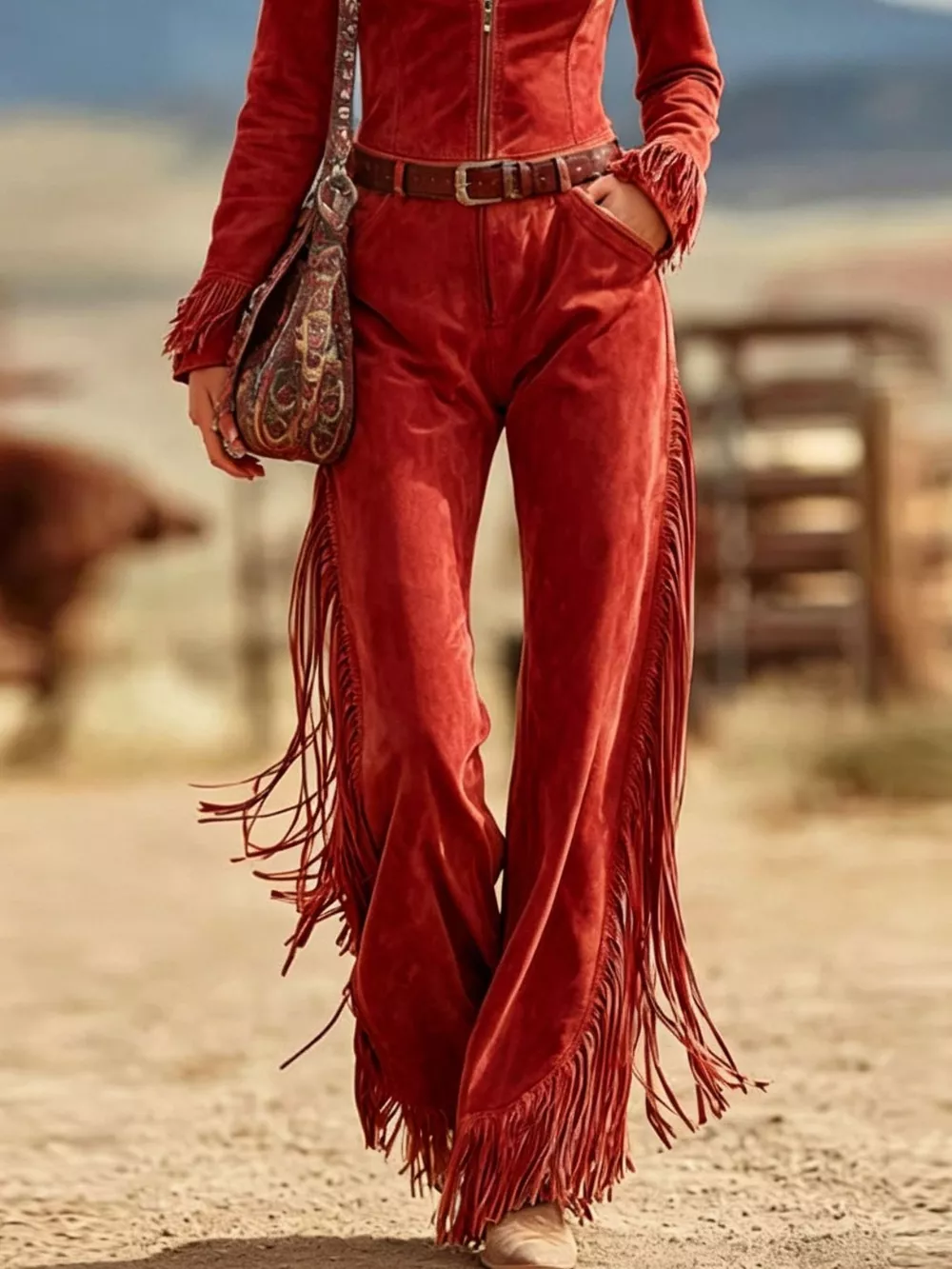 Western-Inspired Suede Fringe Jumpsuit with Zipper Front, image 6
