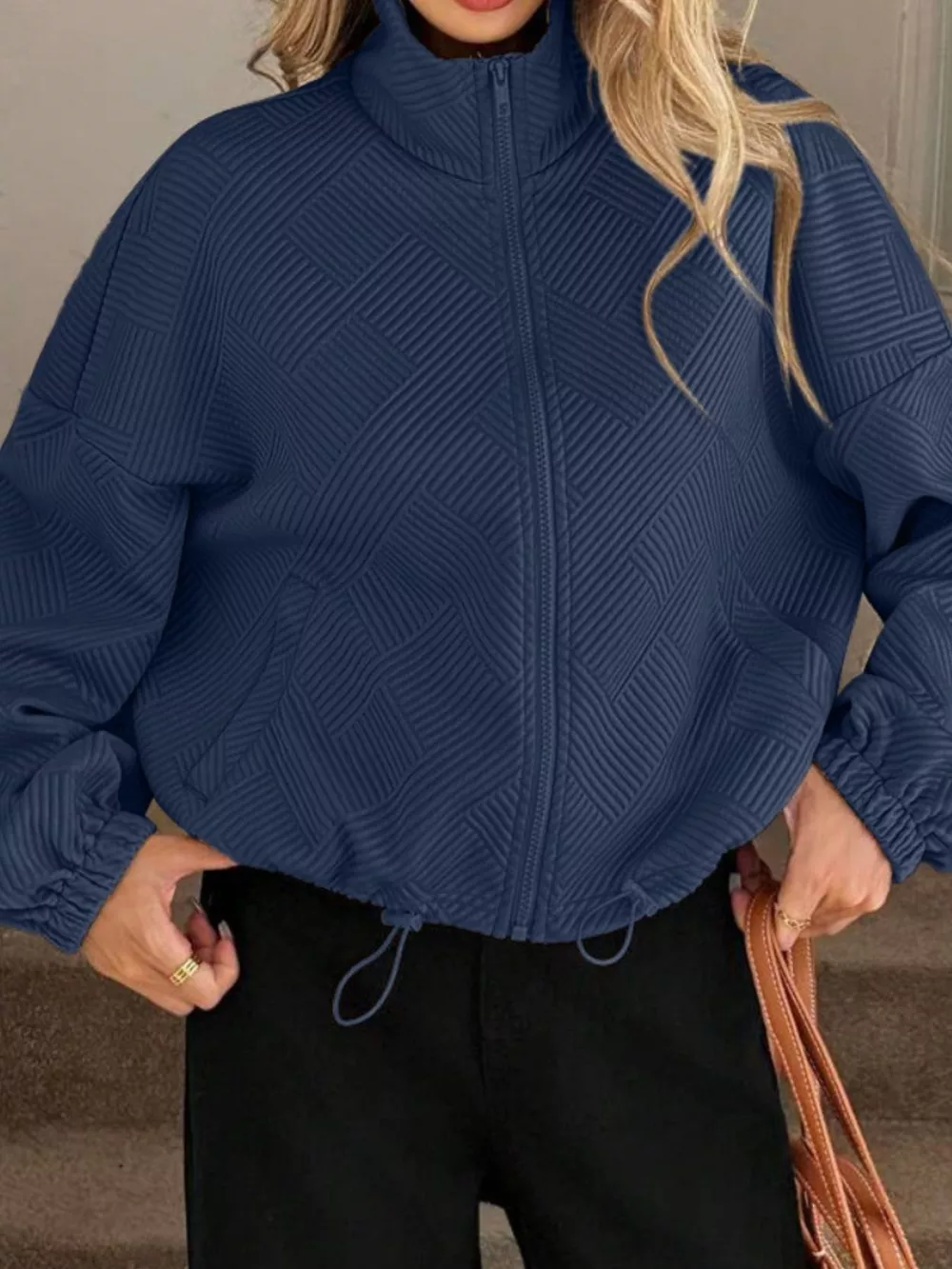 Textured Zip-Up Drawstring Hem Jacket, image 15