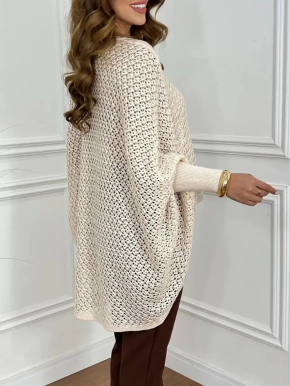 Crochet V-Neck Batwing Sleeves Oversized Sweater, image 2