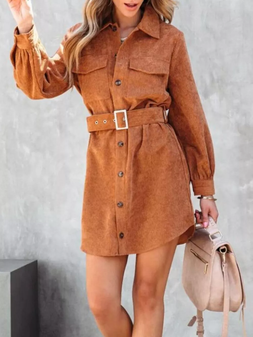 Button Front Belt Long Sleeve Corduroy Dress, image 8