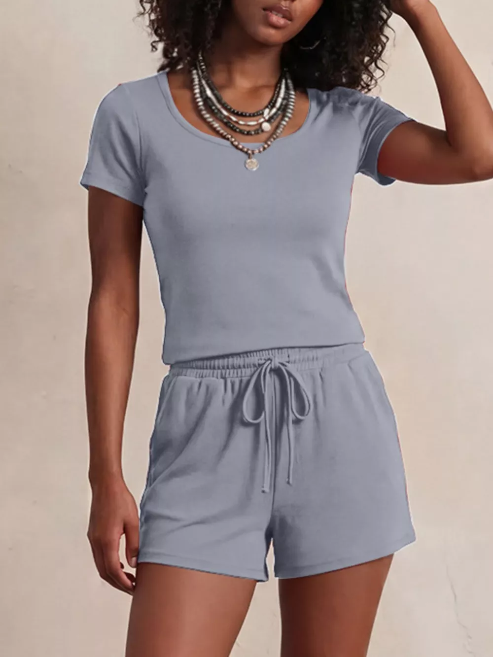 Solid Color Short Sleeve Tee and Shorts Set, image 21