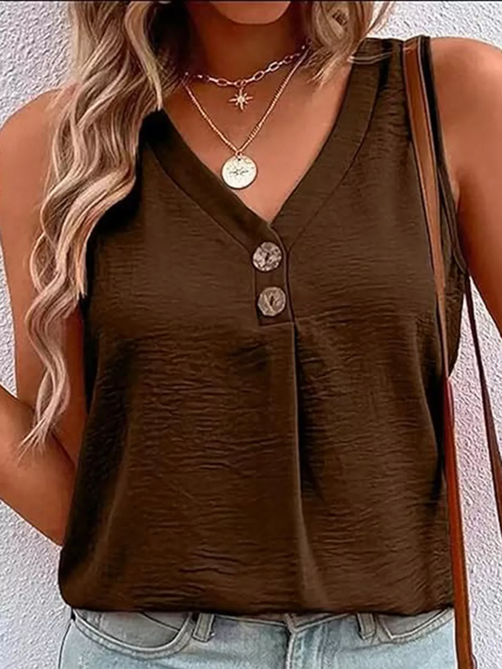 Full Size Decorative Button V-Neck Tank, image 17