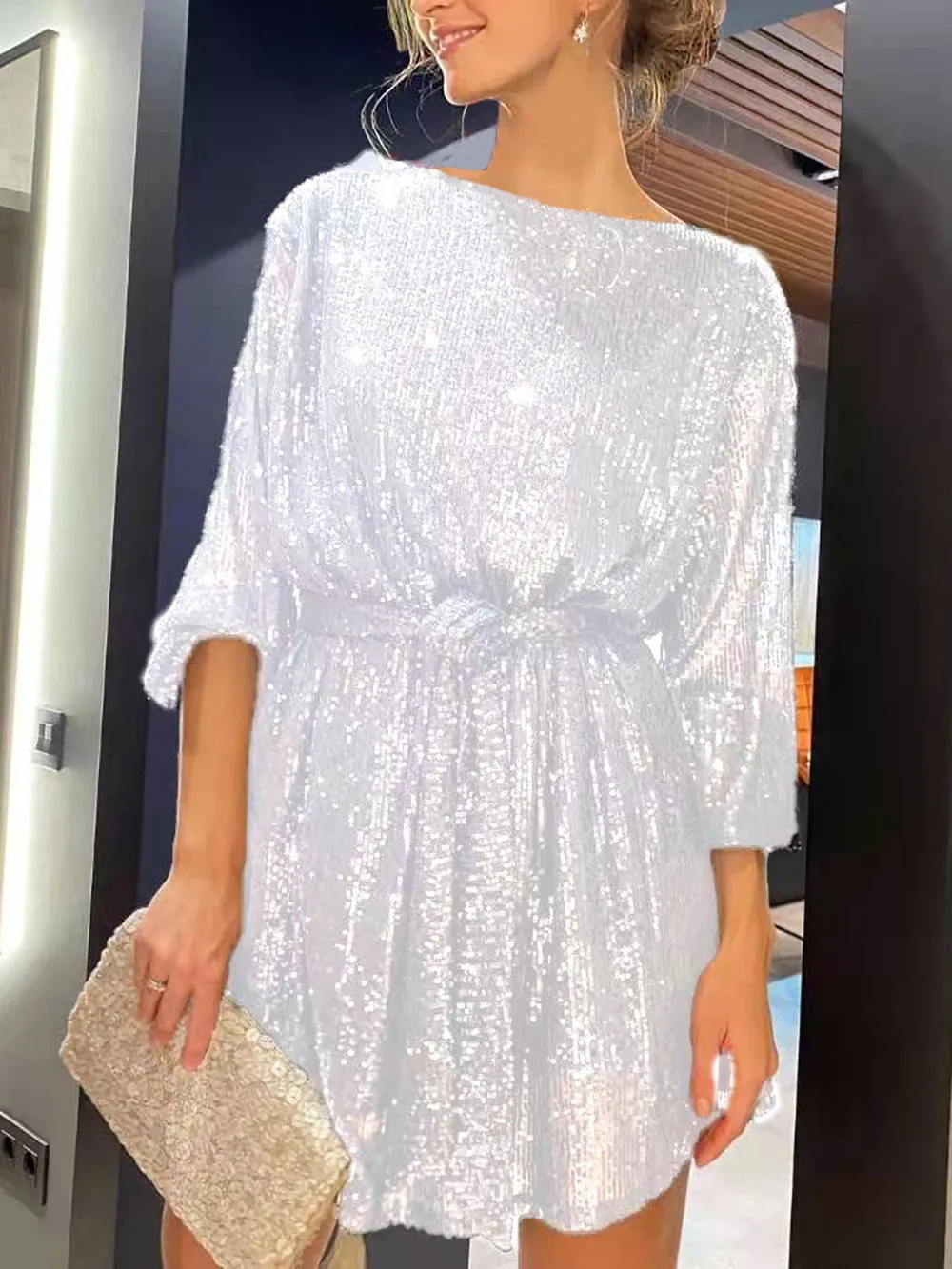 Sequin Tie Waist Long Sleeve Mini Dress, image 11
