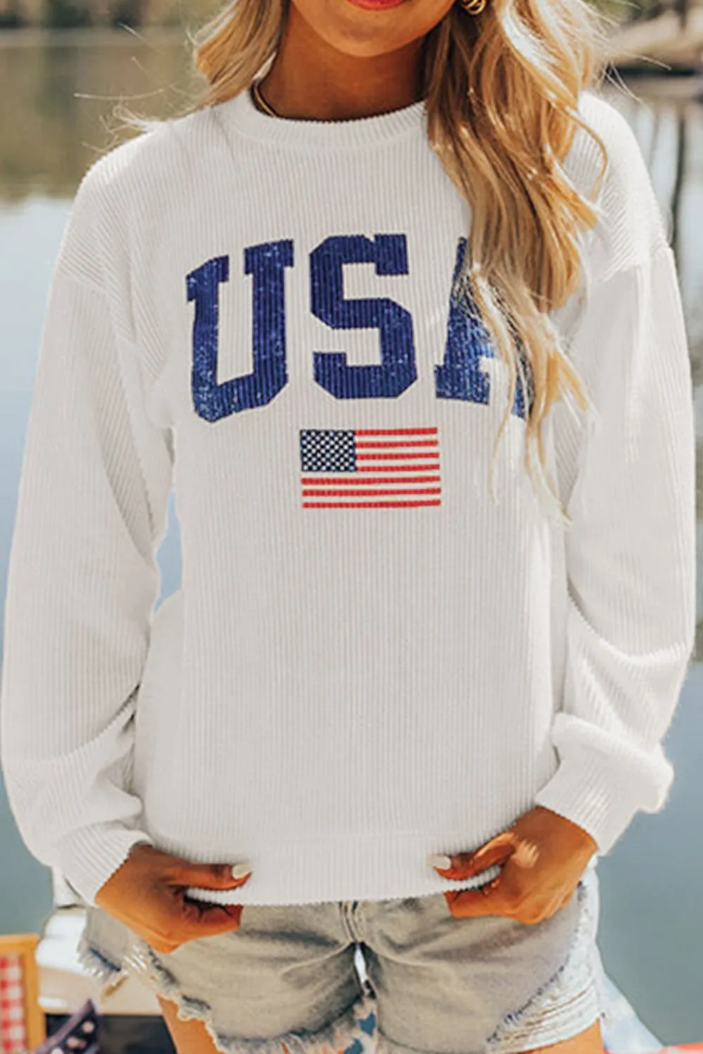 US Flag Corded Long Sleeve Sweatshirt, image 8
