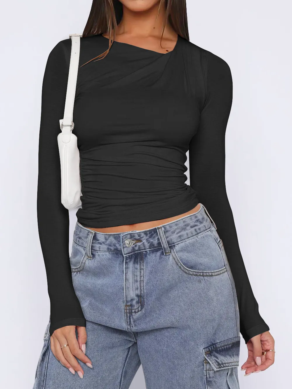 Ruched Asymmetrical Neck Long Sleeve T-Shirt, image 9