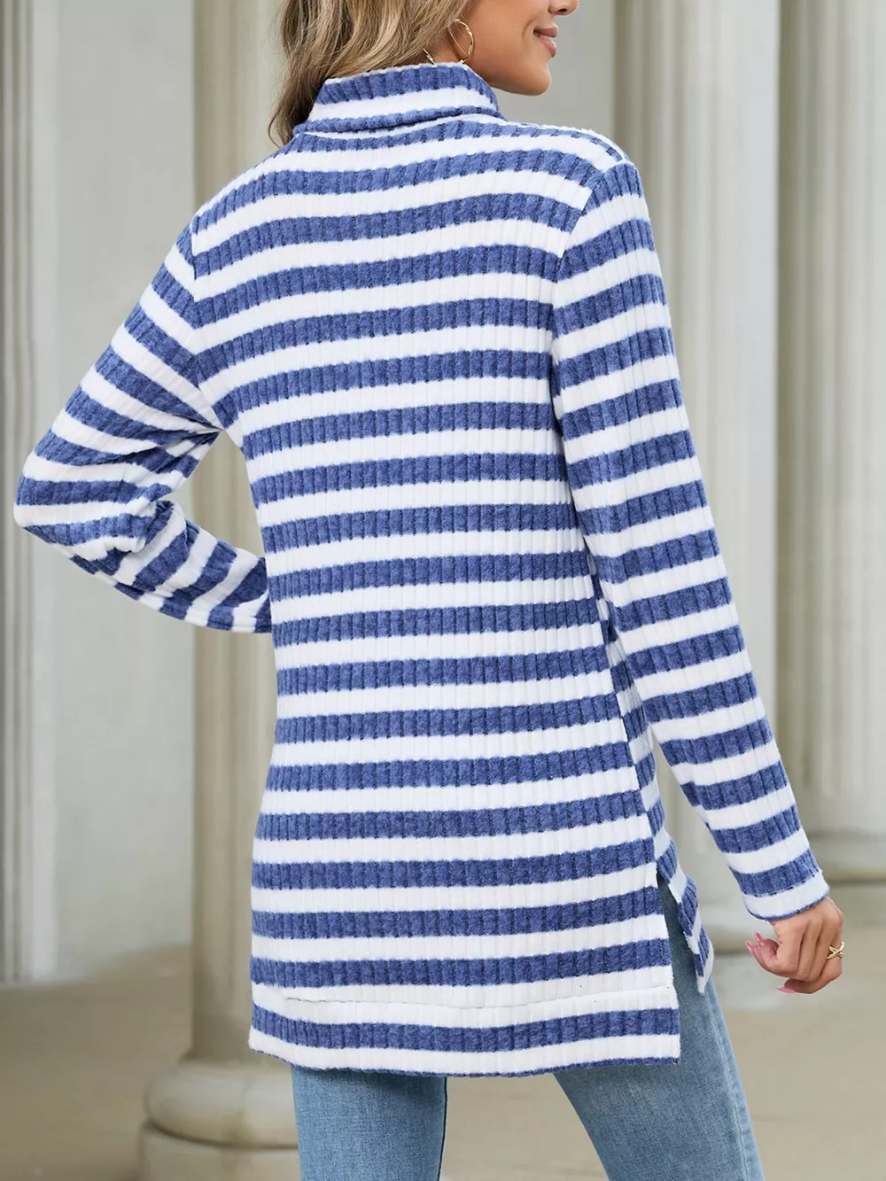 Striped Ribbed Knit Turtleneck Long Sleeve T-Shirt, image 12