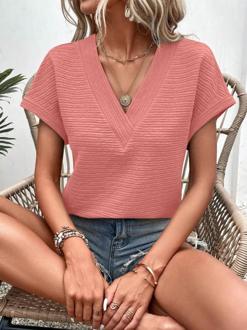 Textured Solid Color Short Sleeve Top, image 25