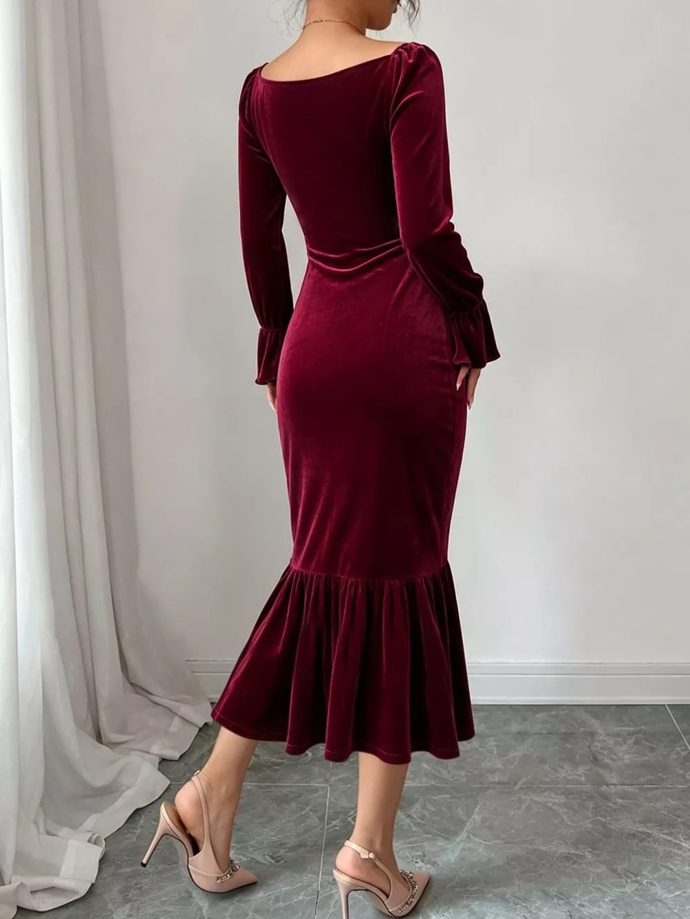 Velvet Ruched Ruffle Hem Midi Dress, image 5