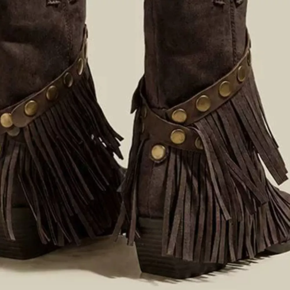 Vintage Suede Western Fringe Boots with Studded Straps, image 2
