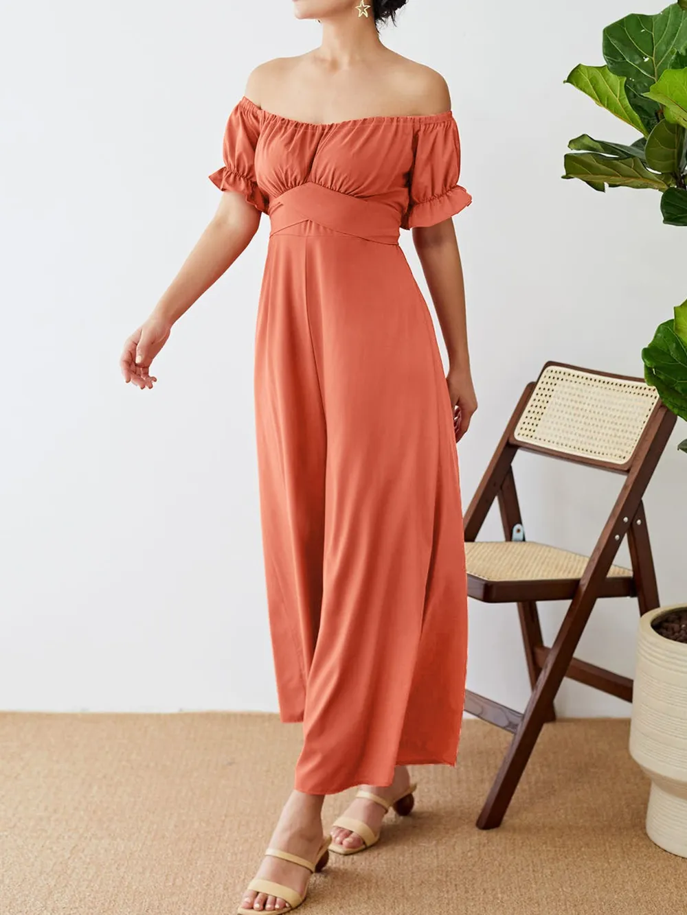 Off-Shoulder Short Sleeve Wide Leg Jumpsuit, image 3