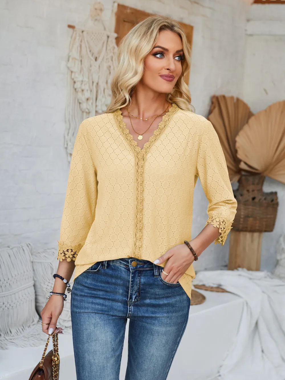 Lace Detail V-Neck Three-Quarter Sleeve Blouse, image 25