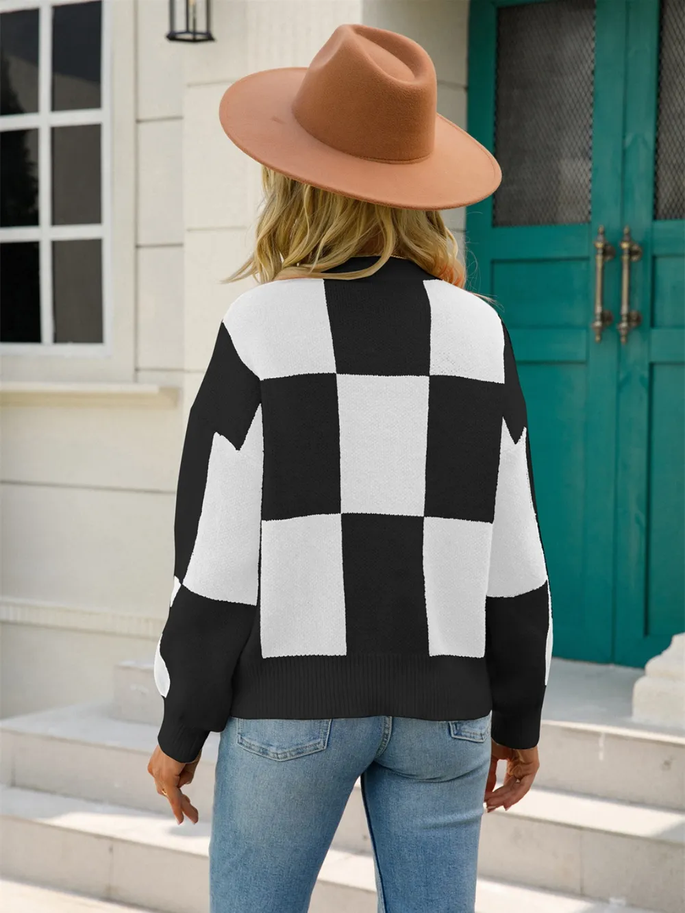 Checkered Round Neck Dropped Shoulder Sweater, image 8