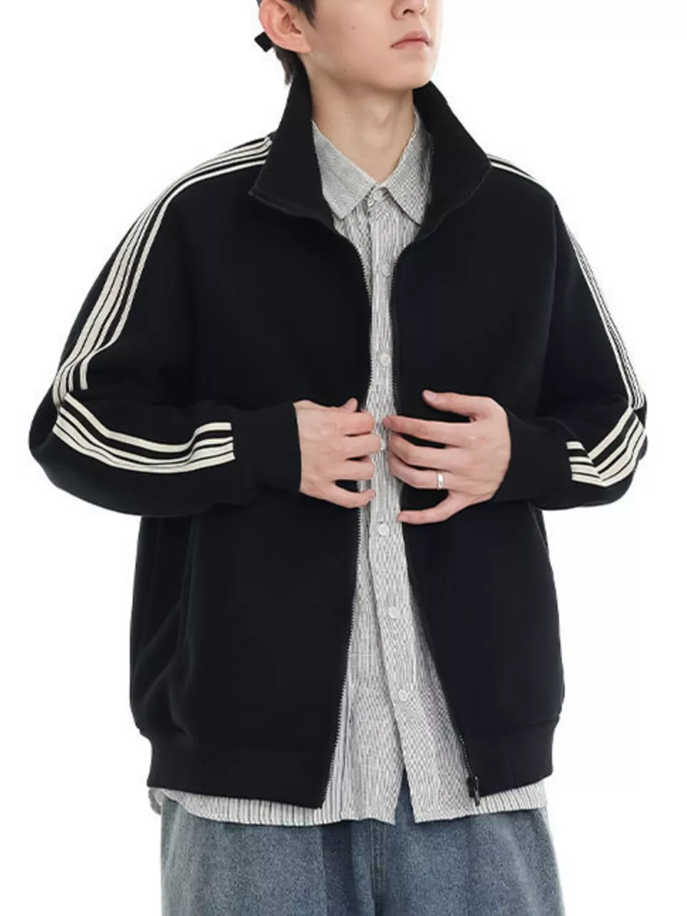 Men's Plus Size Striped Sleeve Zip-Up Sweatshirt, image 3