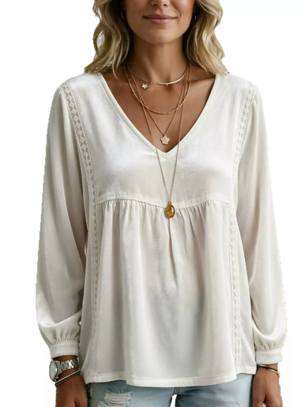 Full Size V-Neck Long Sleeve Velvet Blouse with Lace Trim Plus Size, image 2