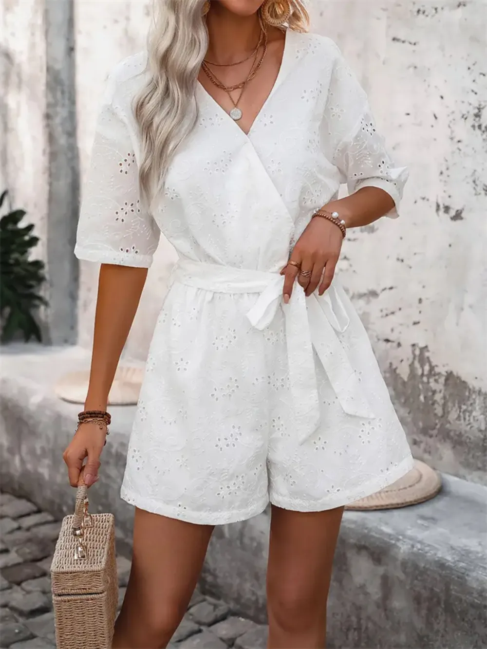 Tied Front Eyelet Romper, image 2