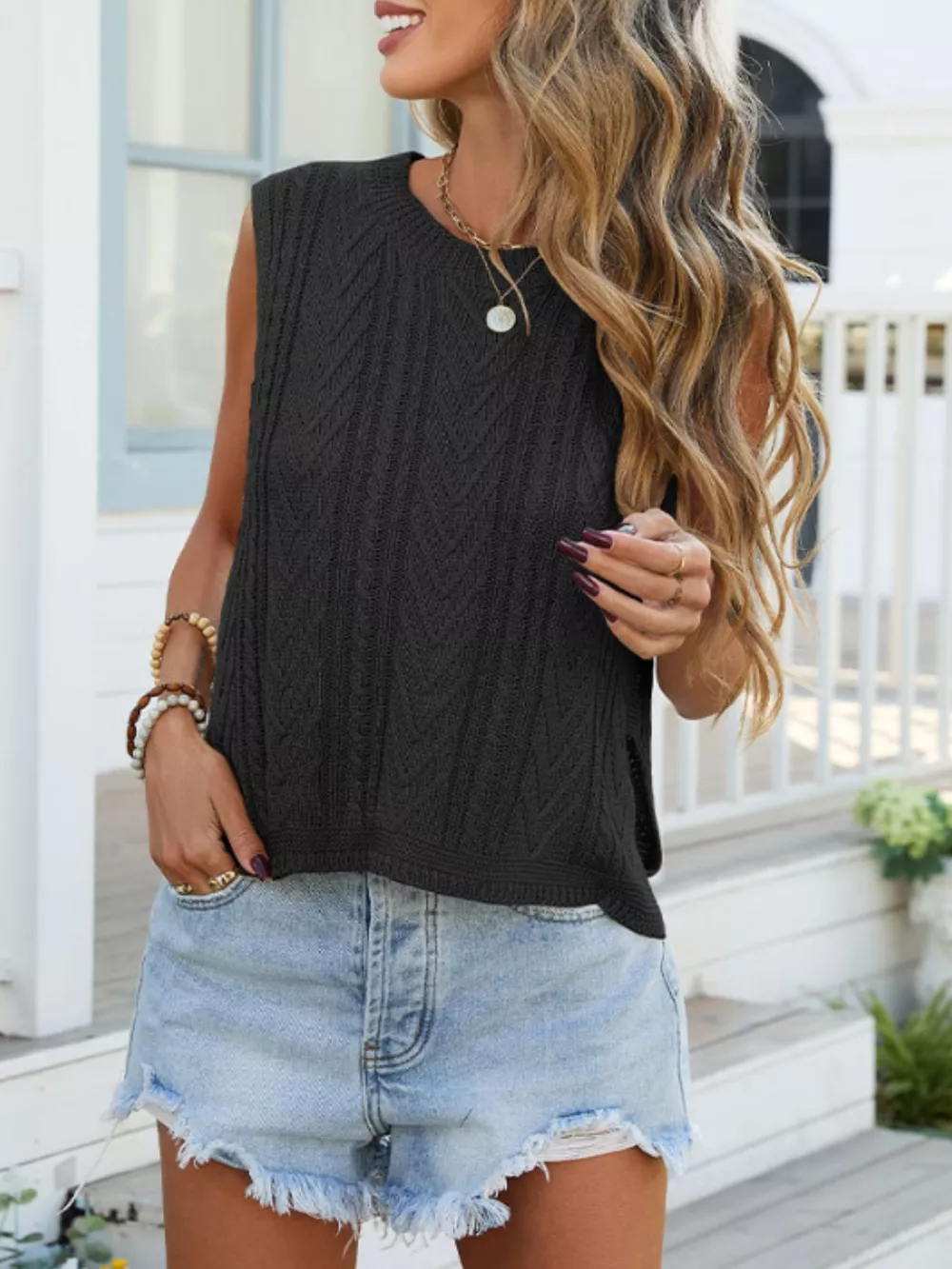 Cable Knit Round Neck Sweater Vest, image 12