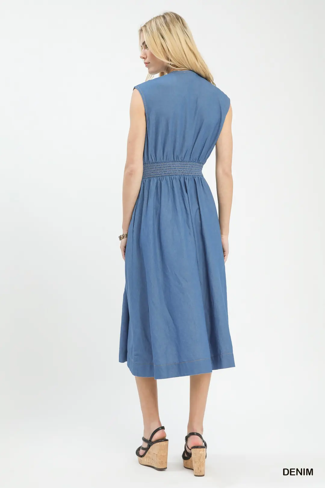 Denim Sleeveless Zip-Front Smocked Waist Midi Dress, image 3