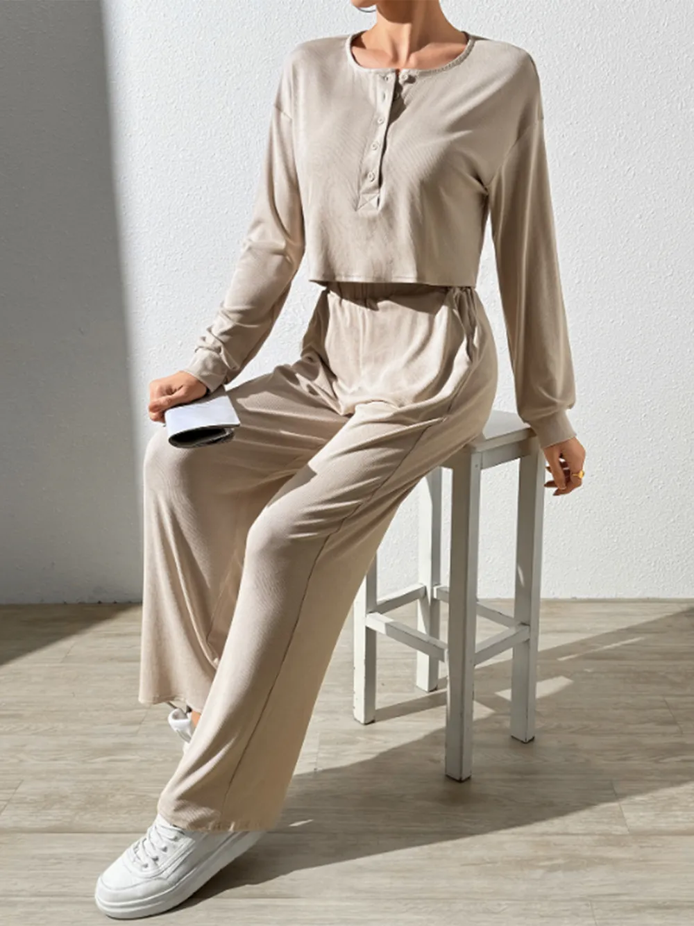 Half Button Long Sleeve Top and Pants Set, image 5