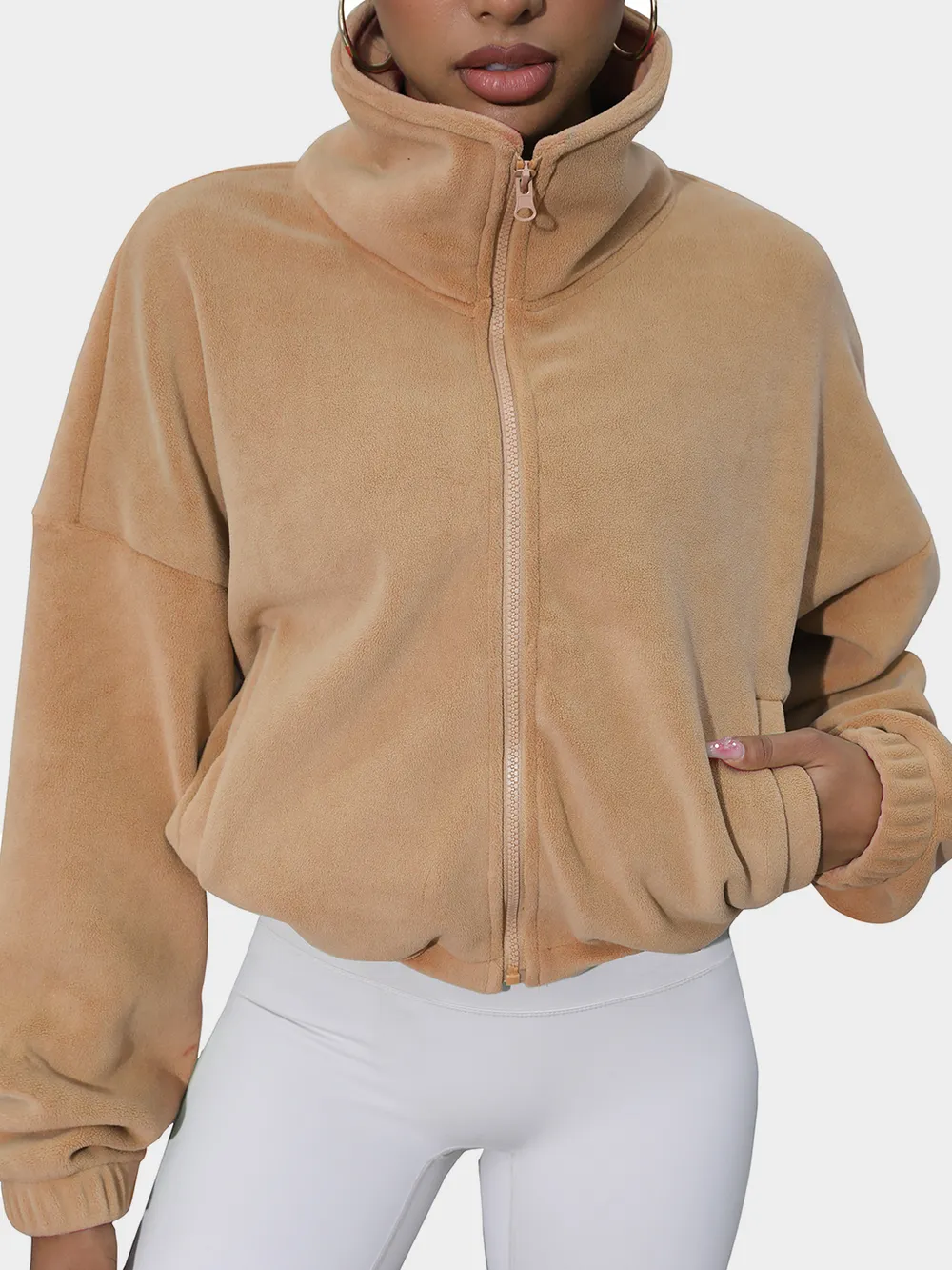 Drawstring Turtleneck Zip Up Long Sleeve Jacket, image 10