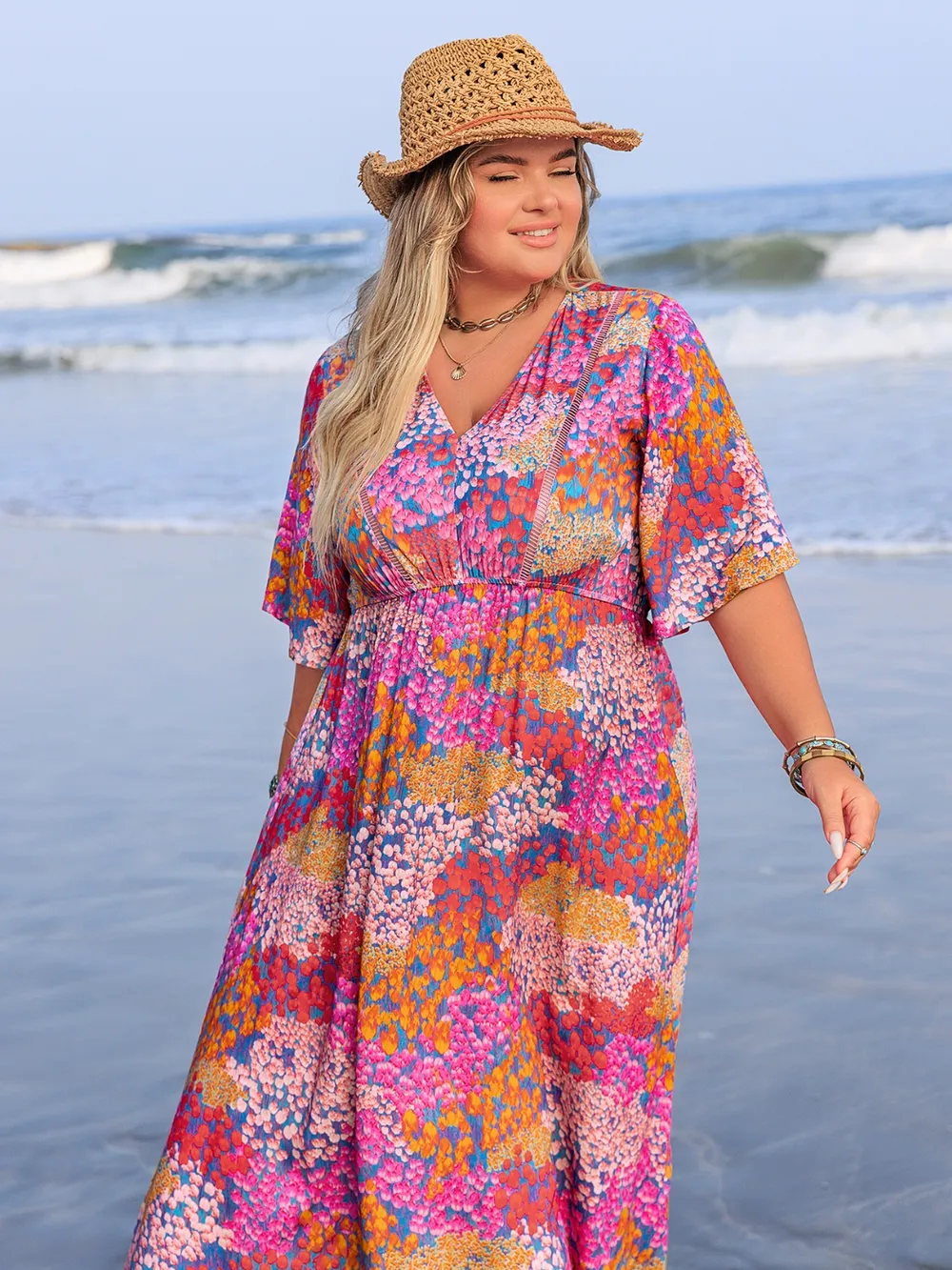 Plus Size Printed V-Neck Half Sleeve Maxi Dress, image 6